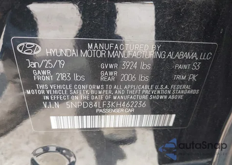 2019 Hyundai Elantra Sel/Value/Limited из США, поврежденный, VIN 5NPD84LF3KH462236